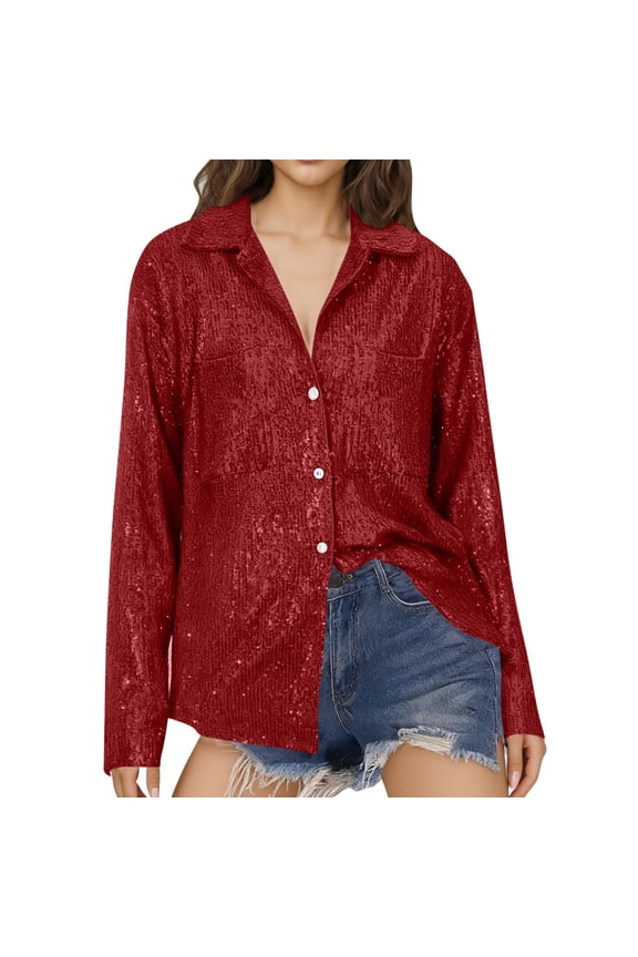 Women's Button Down Shirts Long Sleeve Sparkly Sequin Shirt Turn Down Collar Blouse Party Dance Tops Wine 2XL