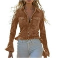 thumbnail image 1 of Women's Button Down Shirts Long-Sleeve Velvet Blouse Solid Viantge Top with Ruffled Hem Brown L, 1 of 9