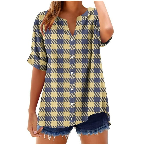 Women's Button Down Shirts Plaid Fold Short Sleeve Casual Tops V Neck Business Summer T Shirts Trendy Dressy Blouses