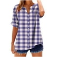 thumbnail image 1 of Women's Button Down Shirts Plaid Fold Short Sleeve Casual Tops V Neck Business Summer T Shirts Trendy Dressy Blouses, 1 of 5