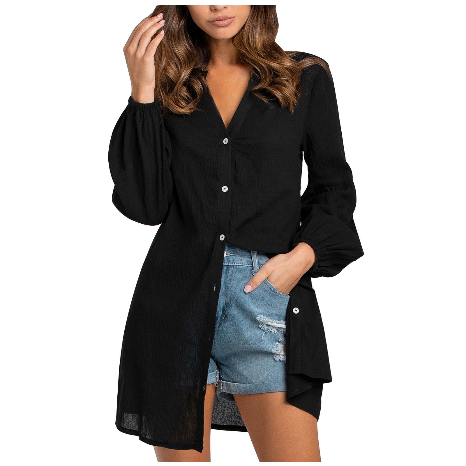 Women's Button Down Shirts Plain Long Sleeve Longline Tunic Tops Slit V  Neck Lantern Sleeve Causal Loose Elegant Blouses Lagenlook Kimono Shirt  Ladies