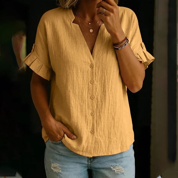 Women's Button Down Shirts Short Puff Sleeve Dressy Tops Casual Loose Fit Cotton Linen Tshirts 2026 Yellow L