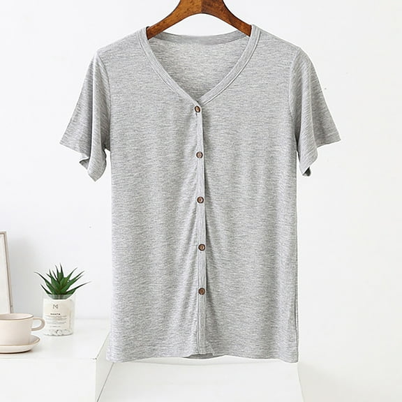 Women's Button Down Shirts Short Sleeve Cardigan Tops Soft Cotton V Neck Blouses Loose Fit Solid Summer Clothes (XL, Gray)
