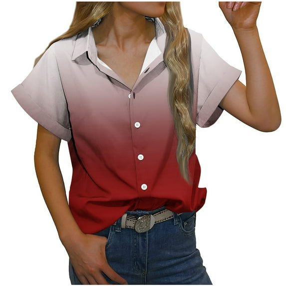 Women's Button Down Shirts Short Sleeve Lapel Collar Trendy Printed Dressy Casual Tees Shirts Tunic Tops Office Blouses