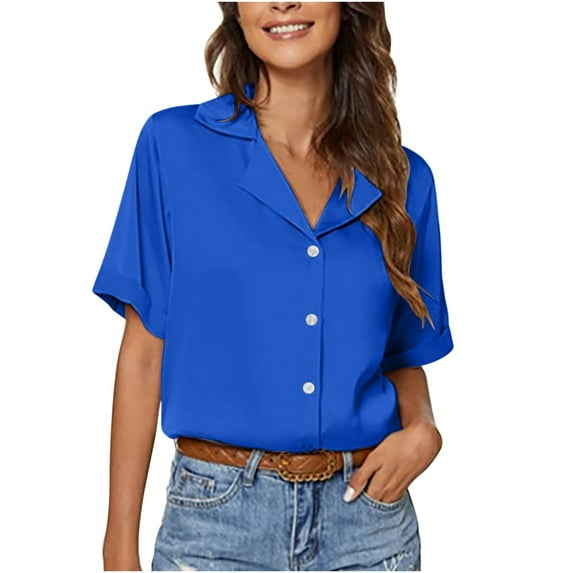 Women's Button Down Shirts Short Sleeve Lapel V Neck Blouses Solid Color Casual Comfy Summer Office Work Tops