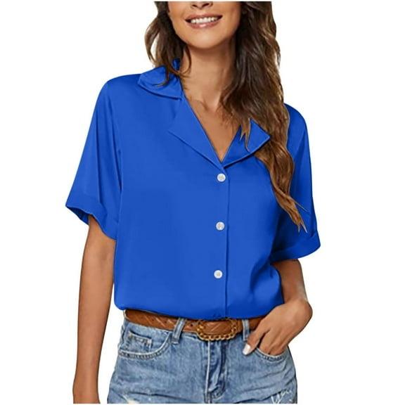 Women's Button Down Shirts Short Sleeve Lapel V Neck Blouses Solid Color Casual Comfy Summer Office Work Tops