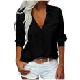 thumbnail image 1 of Women's Button Down Shirts Solid Color Long Sleeve Lapels Collared Blouse Business Casual Work Tops With Two Pocket (L, Black), 1 of 5