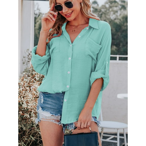 Women's Button Down Shirts with Pockets Casual Long Sleeve Loose Fit Blouses Tops