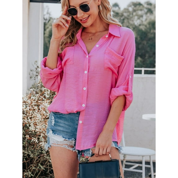 Women's Button Down Shirts with Pockets Casual Long Sleeve Loose Fit Blouses Tops
