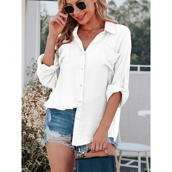 Women's Button Down Shirts with Pockets Casual Long Sleeve Loose Fit Blouses Tops