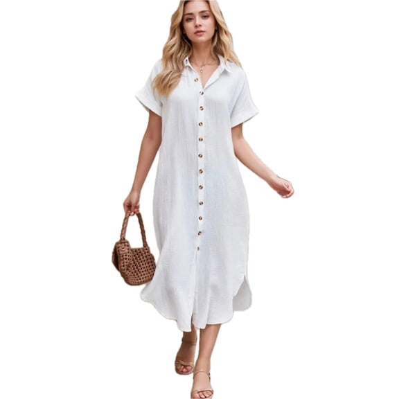 Women's Button Down Short Sleeve Midi Shirt Dress with Front Slit Sheer Yet Opaque Look 100% Polyester Fabric Finish