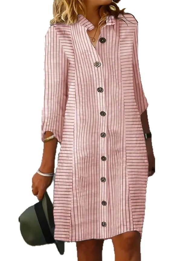 Women's Button Down Striped Dress Casual 3/4 Sleeve V Neck Loose Midi Shift Dresses