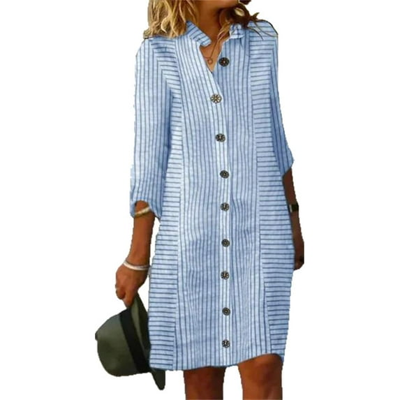 Women's Button Down Striped Dress Casual 3/4 Sleeve V Neck Loose Midi Shift Dresses