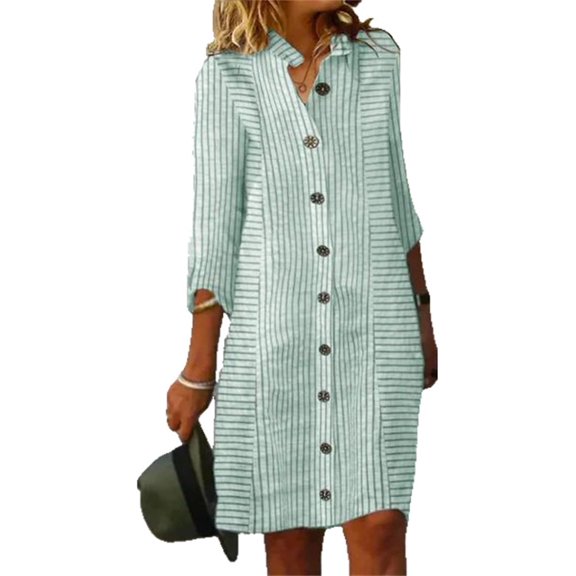 Women's Button Down Striped Dress Casual 3/4 Sleeve V Neck Loose Midi Shift Dresses