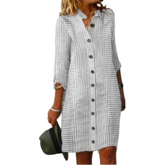 Women's Button Down Striped Dress Casual 3/4 Sleeve V Neck Loose Midi Shift Dresses