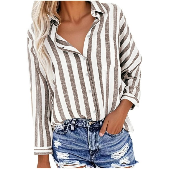 Women's Button Down Striped Shirts Lapel Collar Long Sleeve/Short Sleeve Blouses Loose Dressy Casual Tops (XL, Khaki)