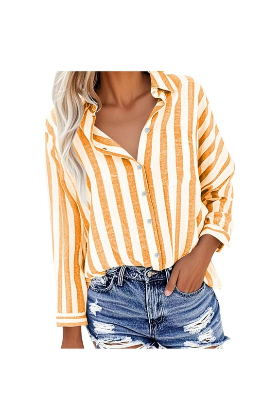 Women's Button Down Striped Shirts Lapel Collar Long Sleeve/Short Sleeve Blouses Loose Dressy Casual Tops (XL, Yellow)