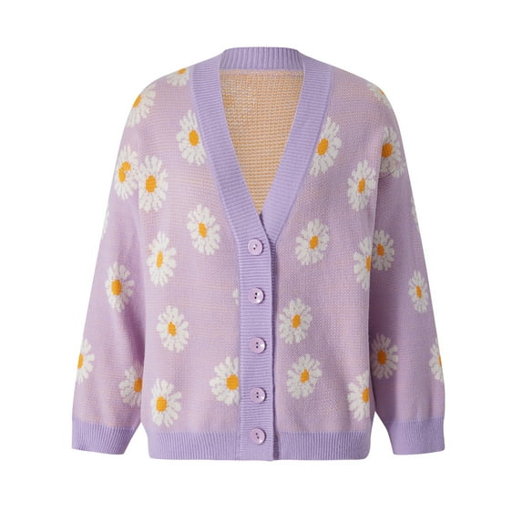 Women´s Button Down Sweater, Casual Long Sleeve V Neck Floral Print Loose Knit Cardigan Coat