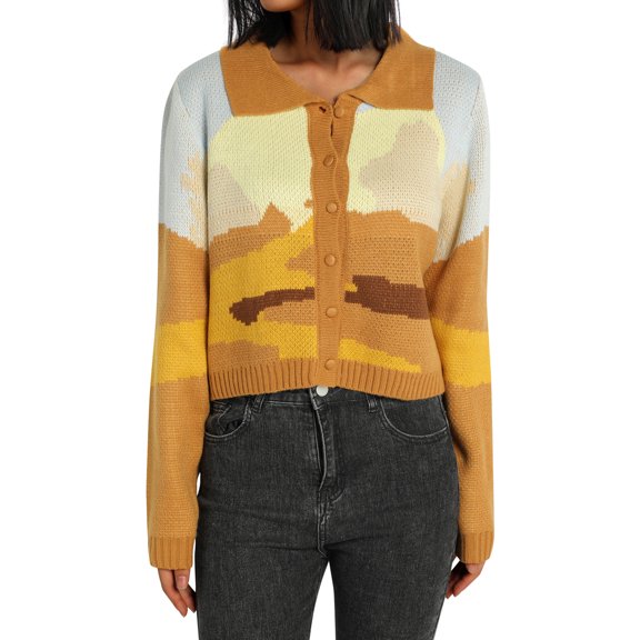 Women's Button Down Sweater Crop Tops Long Sleeve Color Block Knit Cardigan Lapel Spring Fall Outwear