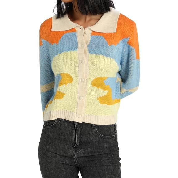 Women's Button Down Sweater Crop Tops Long Sleeve Color Block Knit Cardigan Lapel Spring Fall Outwear