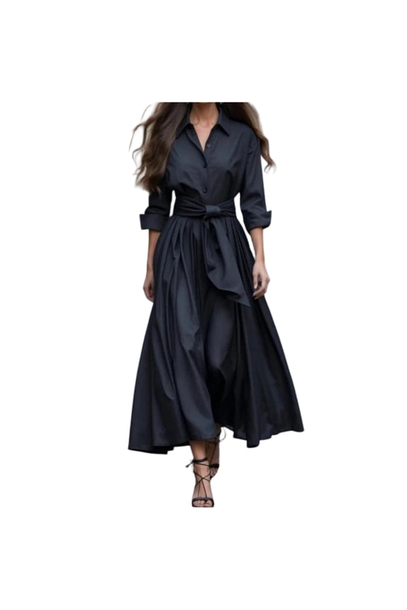 Women's Button Down T-Shirt Dress Casual High Low V Neck Loose Long Dress with Belts Black S