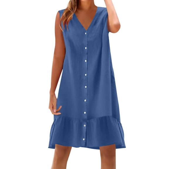 Women's Button Down Tank Dresses Casual Sleeveelss V Neck T-Shirts Dress Beach Vacation Pleated Flowy Sundresses