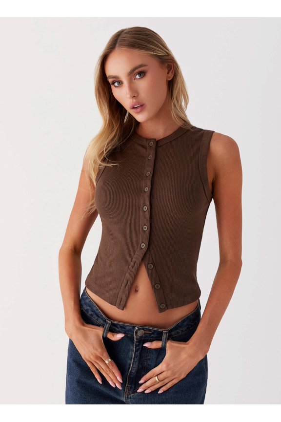 New Women’s Button Down Tank Tops Ribbed Summer Vest Button Up Open Front Sleeveless Slim Fit Crop Going Out Tops