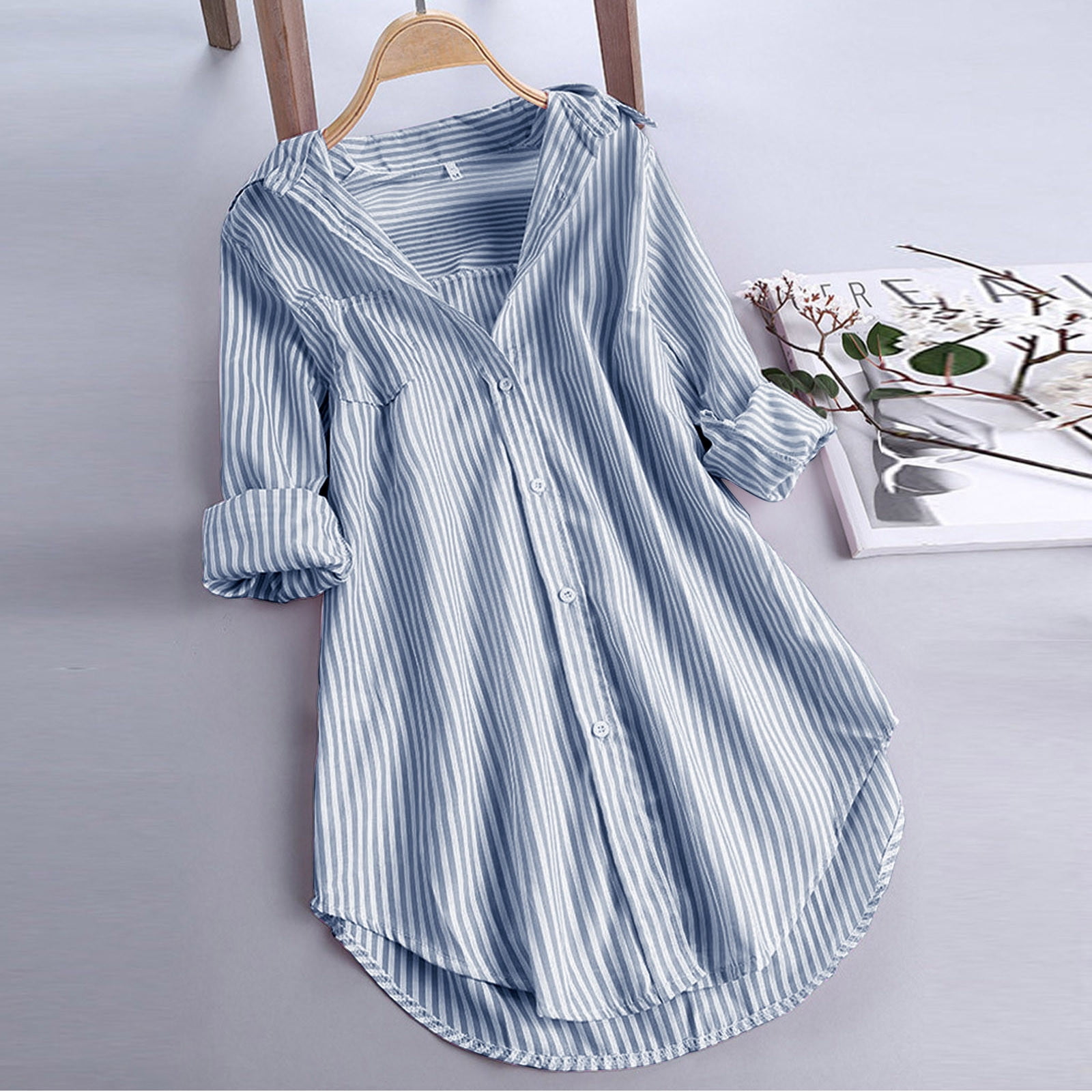Women's Button Down Tunic Shirts Basic Striped Rollup Long Sleeve