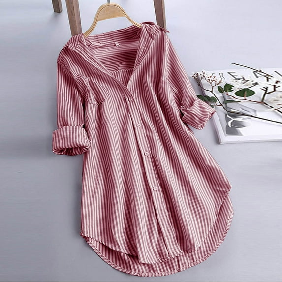 Women's Button Down Tunic Shirts Basic Striped Roll-up Long Sleeve Turndown Collar Shirt Dress Plus Size Summer Fashion Boyfriend Blouse Tops