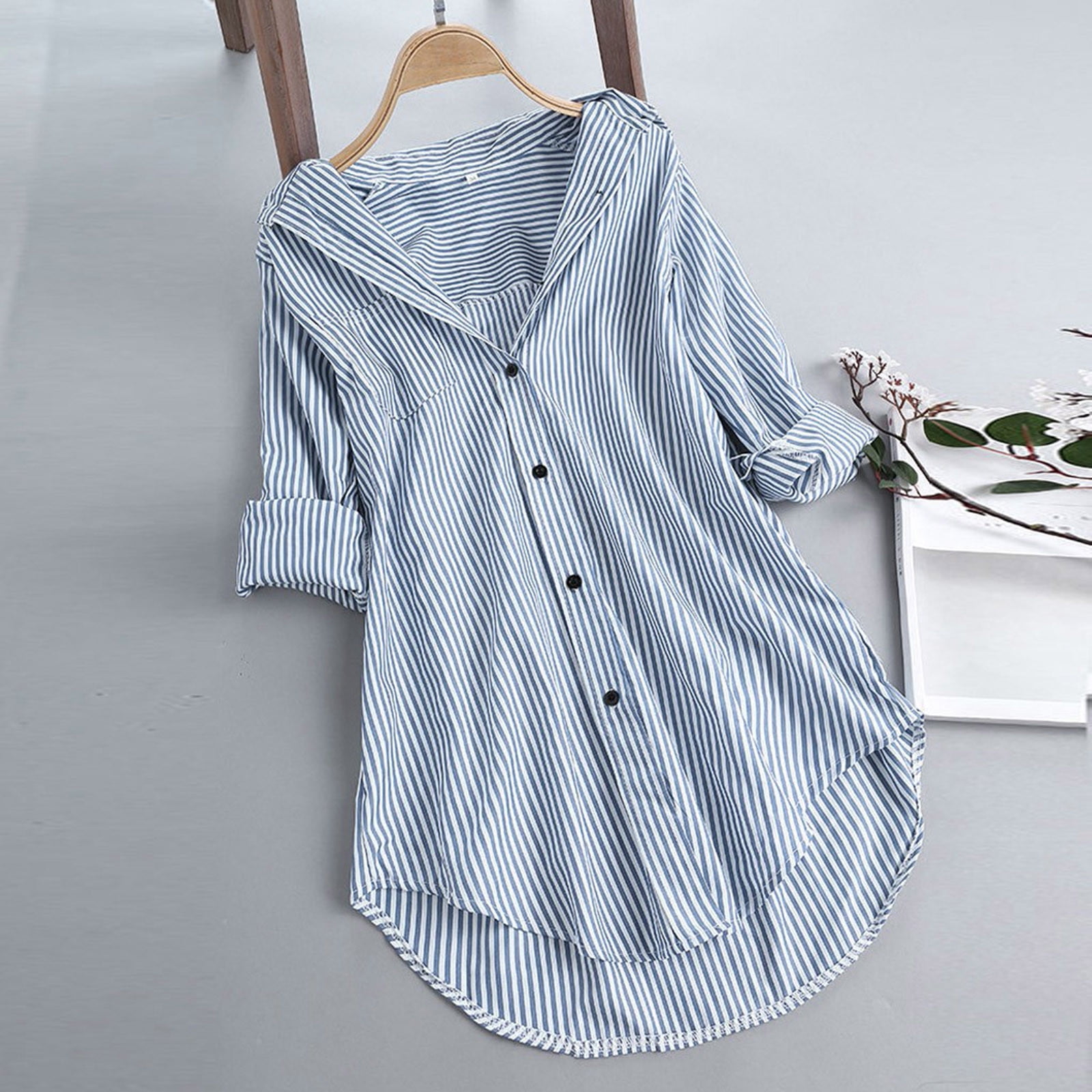 Women's Button Down Tunic Shirts Basic Striped Roll-up Long Sleeve ...