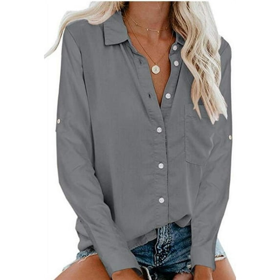 Women's Button Down V Neck 3/4 Sleeve Blouse Casual Lapel Top Shirts With Pocket