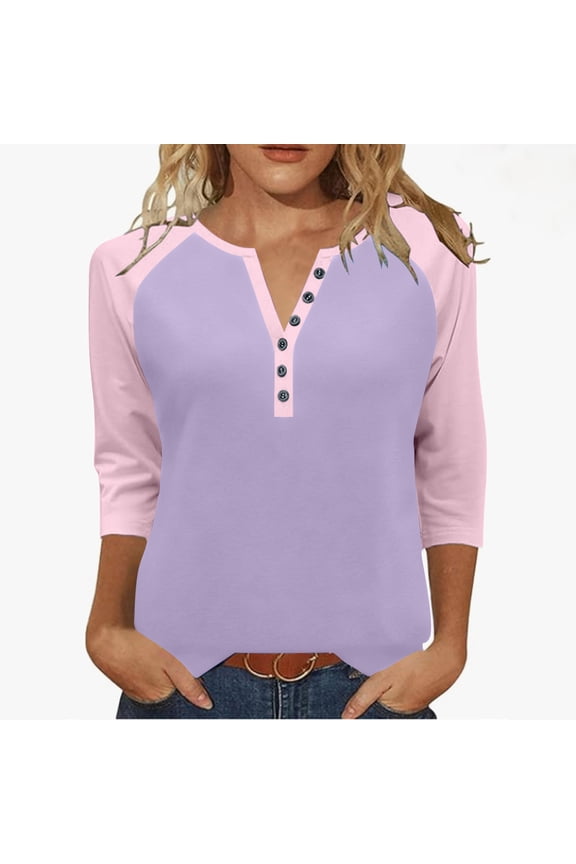Women's Button Down V-Neck Three Quarter Sleeve Raglan T-Shirt Loose Casual Top
