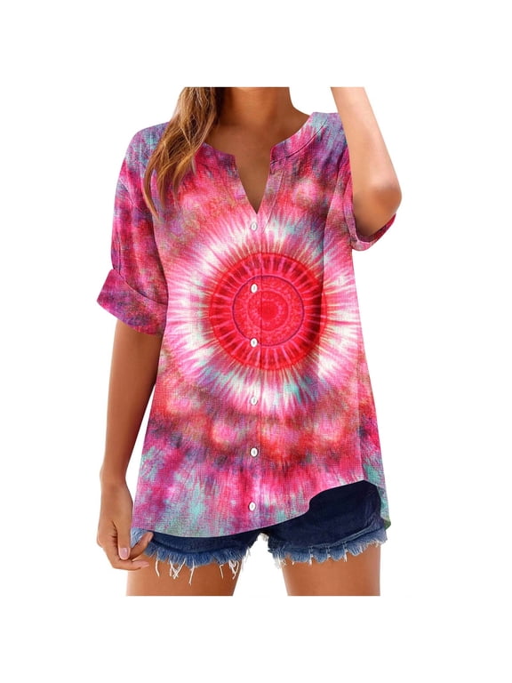 Women's Button Down V Neck Tops Colorblock Graphic Short Sleeve Shirts for Women Loose Fit Casual Summer Blouses (S, Pink)