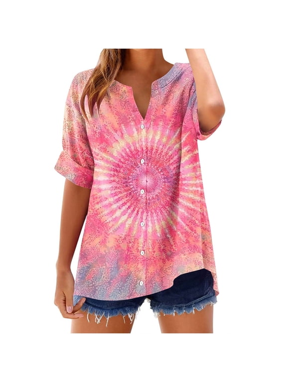 Women's Button Down V Neck Tops Colorblock Graphic Short Sleeve Shirts for Women Loose Fit Casual Summer Blouses (XL, Pink 05)