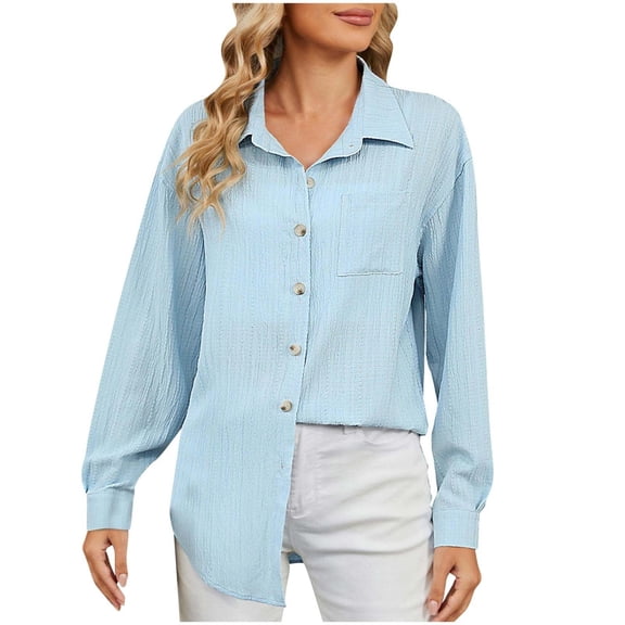 Women's Button Down Work Shirts Summer Long Sleeve Business Casual Tops with Pocket Collared Textured Dressy Loose Blouses, Light Blue, L