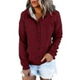 thumbnail image 1 of Women's Button Down Drawstring Hooded Cardigan, Long Sleeve Loose Fit Pocket Sweater, Soft Polyester Casual Cover Up for Fall Winter Spring Daily Wear and Seasonal Comfort Wine S, 1 of 8