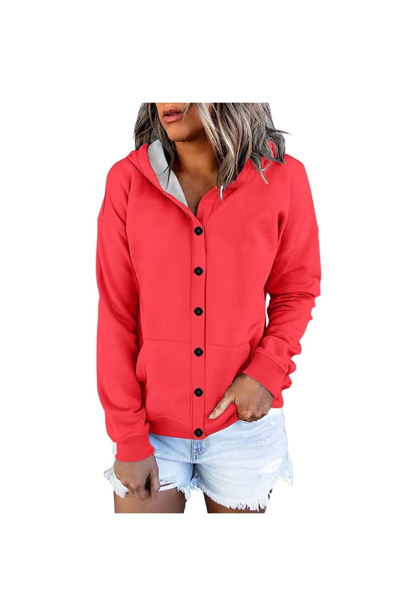 Women's Button Down Drawstring Hooded Cardigan, Long Sleeve Loose Fit Pocket Sweater, Soft Polyester Casual Cover Up for Fall Winter Spring Daily Wear and Seasonal Comfort Red XXL