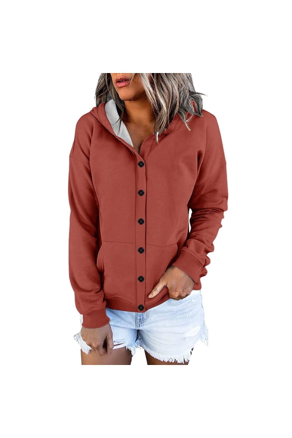 Women's Button Down Drawstring Hooded Cardigan, Long Sleeve Loose Fit Pocket Sweater, Soft Polyester Casual Cover Up for Fall Winter Spring Daily Wear and Seasonal Comfort Brick Red XL