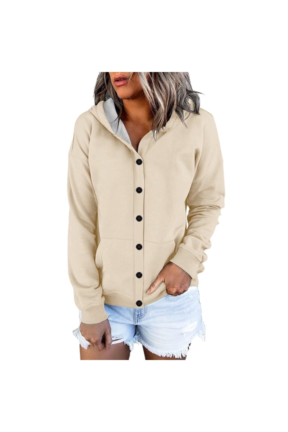 Women's Button Down Drawstring Hooded Cardigan, Long Sleeve Loose Fit Pocket Sweater, Soft Polyester Casual Cover Up for Fall Winter Spring Daily Wear and Seasonal Comfort Beige L