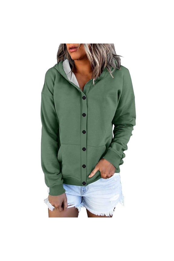 Women's Button Down Drawstring Hooded Cardigan, Long Sleeve Loose Fit Pocket Sweater, Soft Polyester Casual Cover Up for Fall Winter Spring Daily Wear and Seasonal Comfort Blackish Green XL