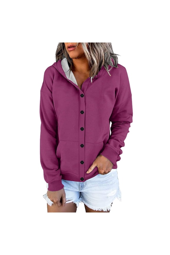 Women's Button Down Drawstring Hooded Cardigan, Long Sleeve Loose Fit Pocket Sweater, Soft Polyester Casual Cover Up for Fall Winter Spring Daily Wear and Seasonal Comfort Dark Purple XXL