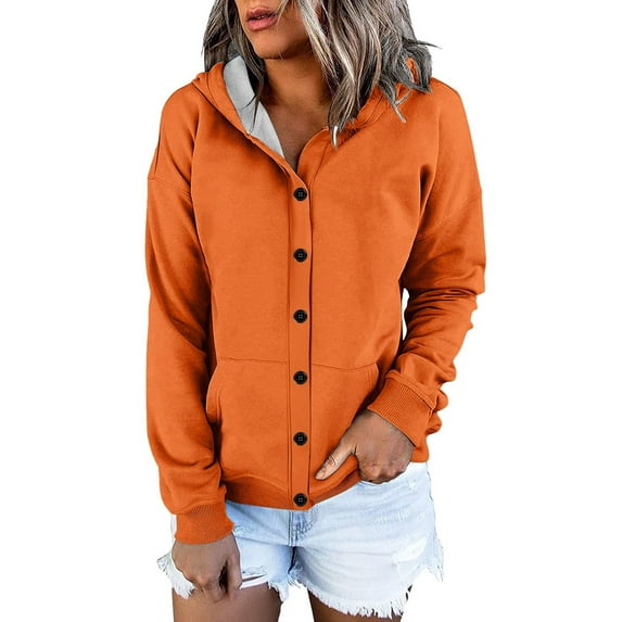 Women's Button Down Drawstring Hooded Cardigan, Long Sleeve Loose Fit Pocket Sweater, Soft Polyester Casual Cover Up for Fall Winter Spring Daily Wear and Seasonal Comfort Orange L