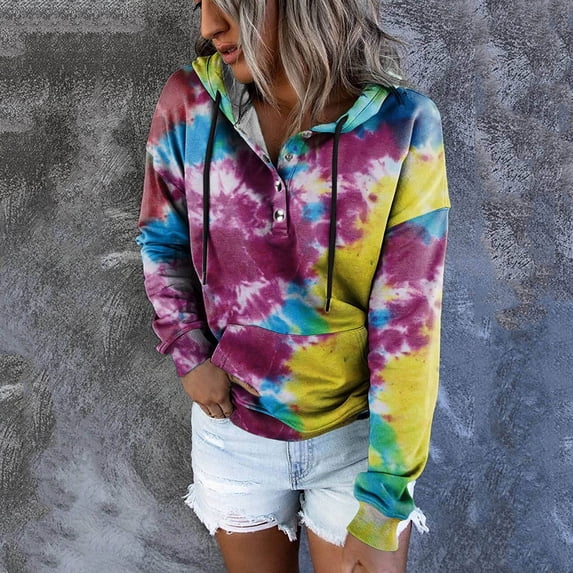 Women's Button Drawstring Pocket Casual Long Sleeve Tie Dye Gradient Print Hoodie Sweatshirt Tunic Length Sweatshirt Tunic Hoodies Women Long Tunic Hoodies Women up Sweatshirt Thick Womens Hoodies