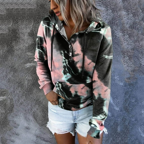 Women's Button Drawstring Pocket Casual Long Sleeve Tie Dye Gradient Print Hoodie Sweatshirt Tunic Length Sweatshirt Tunic Hoodies Women Long Tunic Hoodies Women up Sweatshirt Thick Womens Hoodies