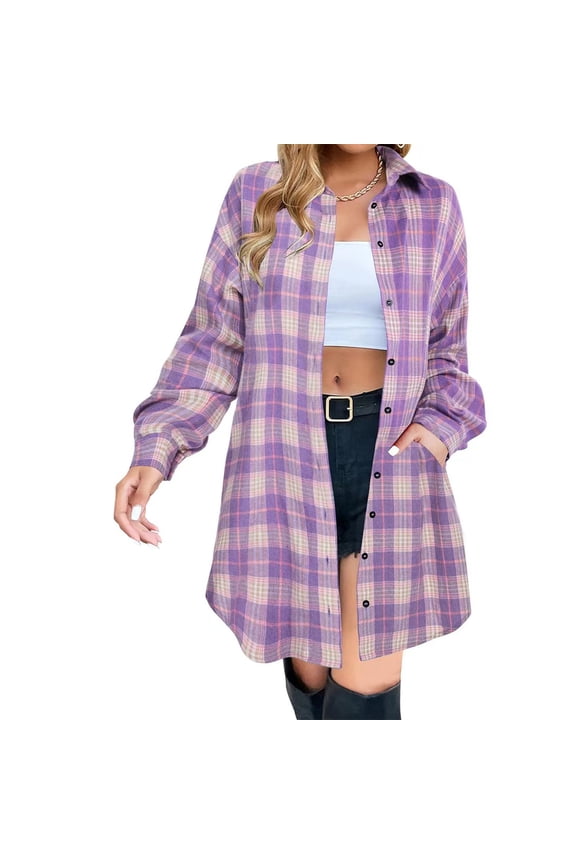 Women's Button Flannel Shirts Plaid Shacket, Long Sleeve Collared Long Jacket Coats with Pockets Purple XL