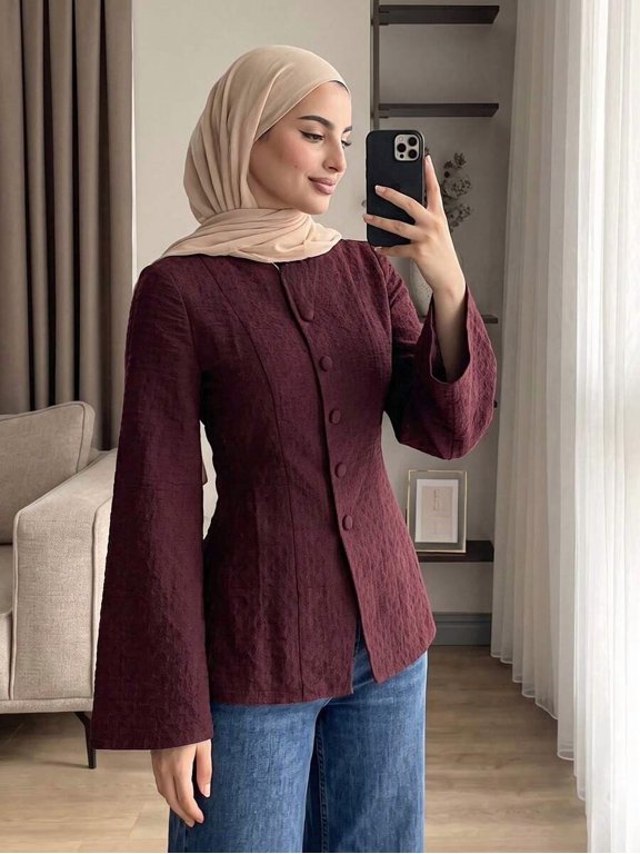 Women's Button Front Blouse Long Sleeve Fitted Waist A-Line Tunic Top Modest Elegant Style