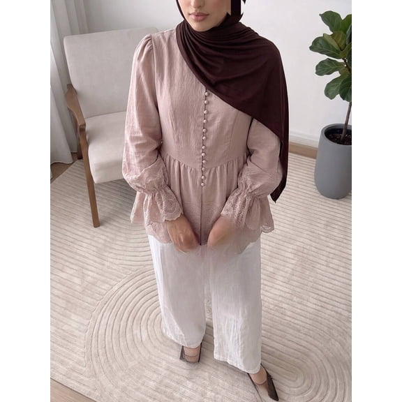 Women's Button Front Blouse Long Sleeve Puff Sleeve Fitted Waist Ruffle Hem Peplum Top Modest Elegant Style for Office Commute & Smart Casual Occasions