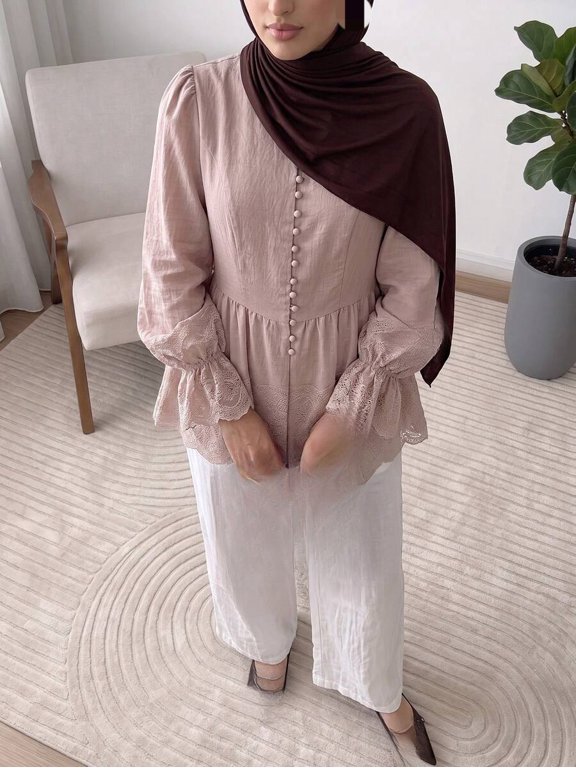 Women's Button Front Blouse Long Sleeve Puff Sleeve Fitted Waist Ruffle Hem Peplum Top Modest Elegant Style for Office Commute & Smart Casual Occasions