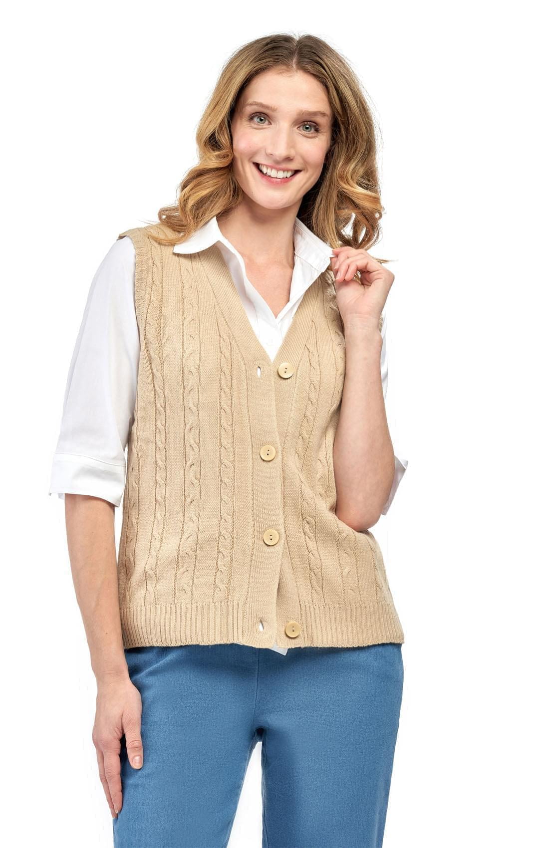 Women's Button Front Cable Cardigan Sweater Vest Button Up Styling in