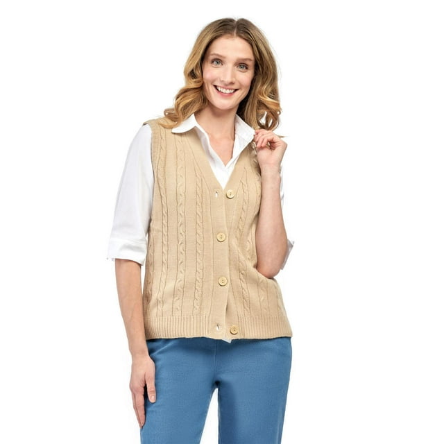 Women's Button Front Cable Cardigan Sweater Vest Button Up Styling in